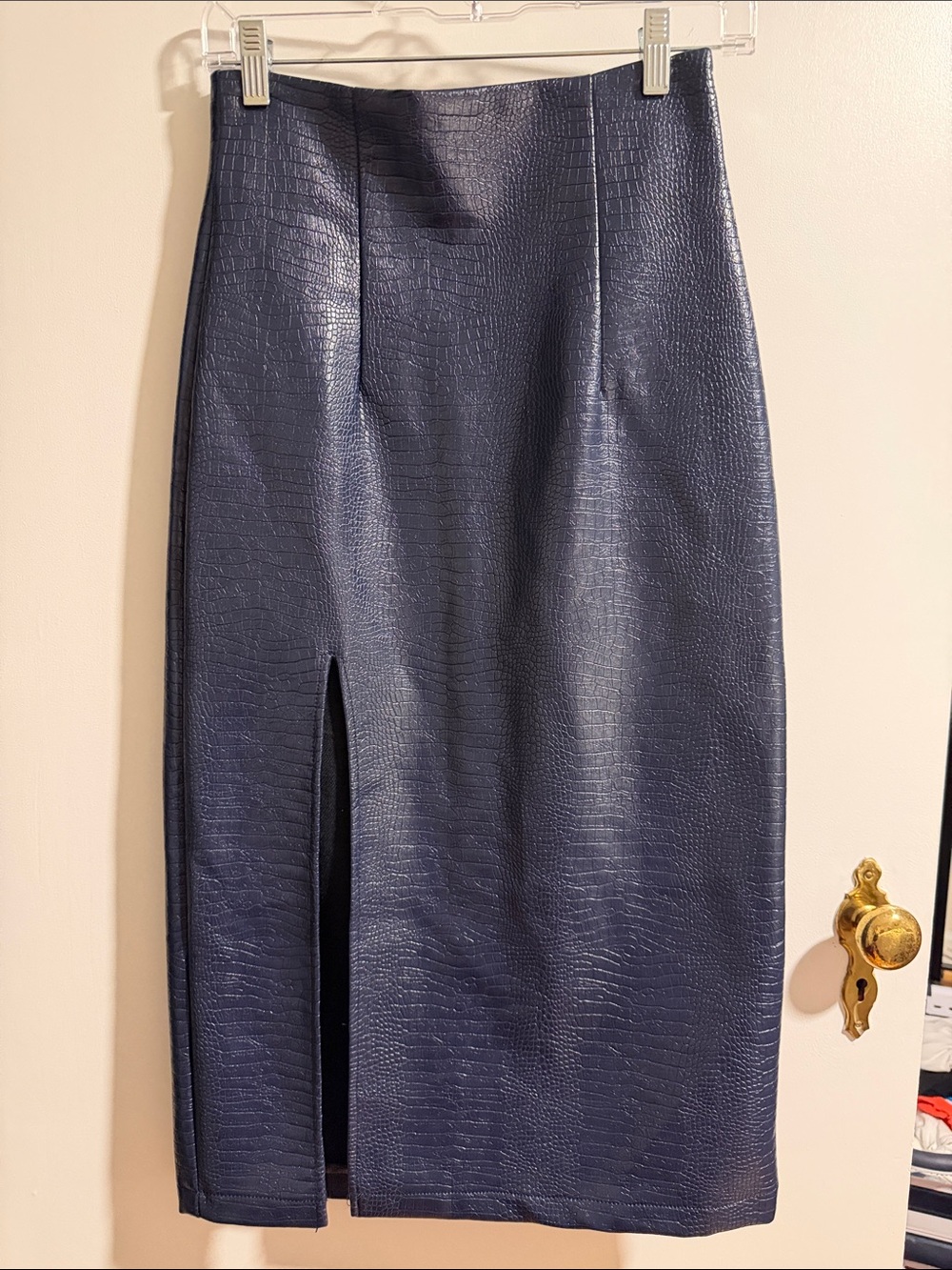 Topshop Navy Faux-Croc Midi Pencil Skirt with Front Slit